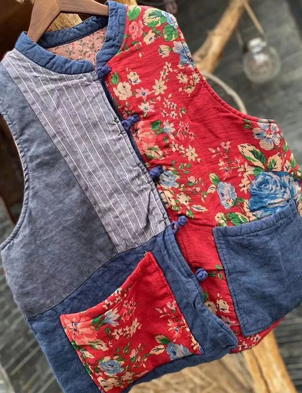 NFYM Women's Waistcoat Vest Gilet Vintage Floral Printed Patchwork Sleeveless Jacket Thin Padded Winter Outwear