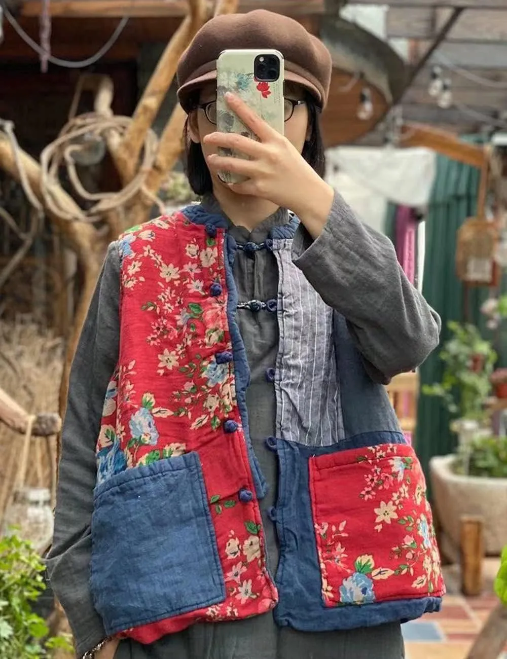 NFYM Women's Waistcoat Vest Gilet Vintage Floral Printed Patchwork Sleeveless Jacket Thin Padded Winter Outwear