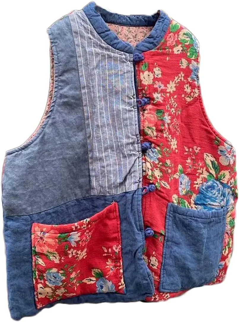 NFYM Women's Waistcoat Vest Gilet Vintage Floral Printed Patchwork Sleeveless Jacket Thin Padded Winter Outwear