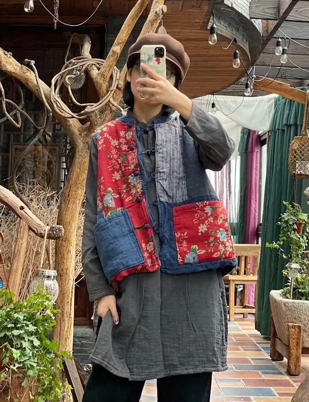 NFYM Women's Waistcoat Vest Gilet Vintage Floral Printed Patchwork Sleeveless Jacket Thin Padded Winter Outwear