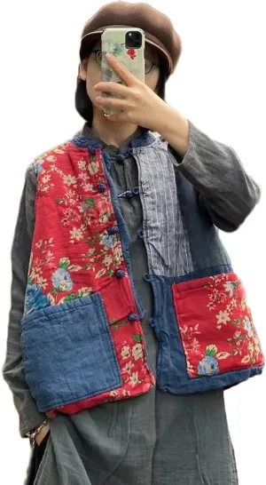 NFYM Women's Waistcoat Vest Gilet Vintage Floral Printed Patchwork Sleeveless Jacket Thin Padded Winter Outwear