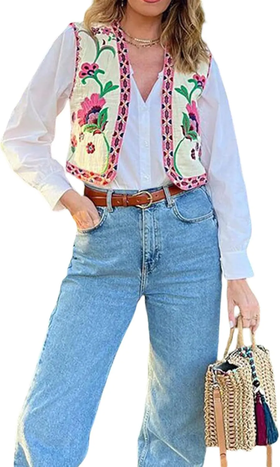 NUFIWI Women Vintage Embroidered Floral Vest Top Y2k Sleeveless Open Front Crop Vest Boho Floral Waistcoat Jacket