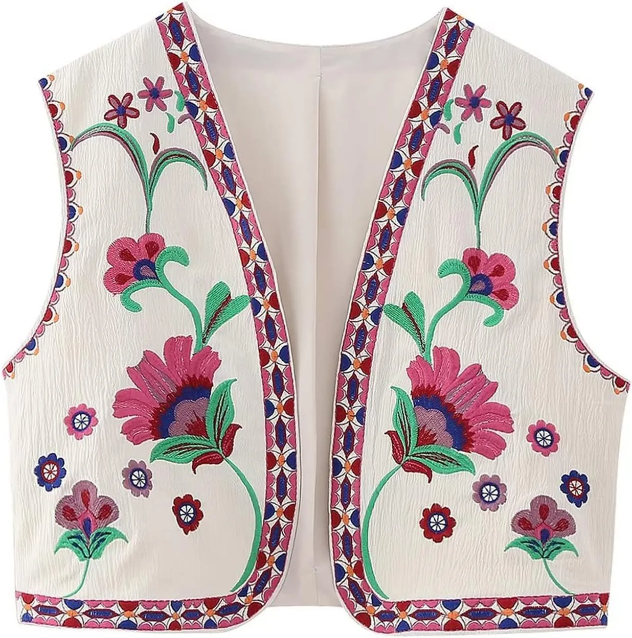 NUFIWI Women Vintage Embroidered Floral Vest Top Y2k Sleeveless Open Front Crop Vest Boho Floral Waistcoat Jacket