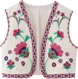 NUFIWI Women Vintage Embroidered Floral Vest Top Y2k Sleeveless Open Front Crop Vest Boho Floral Waistcoat Jacket
