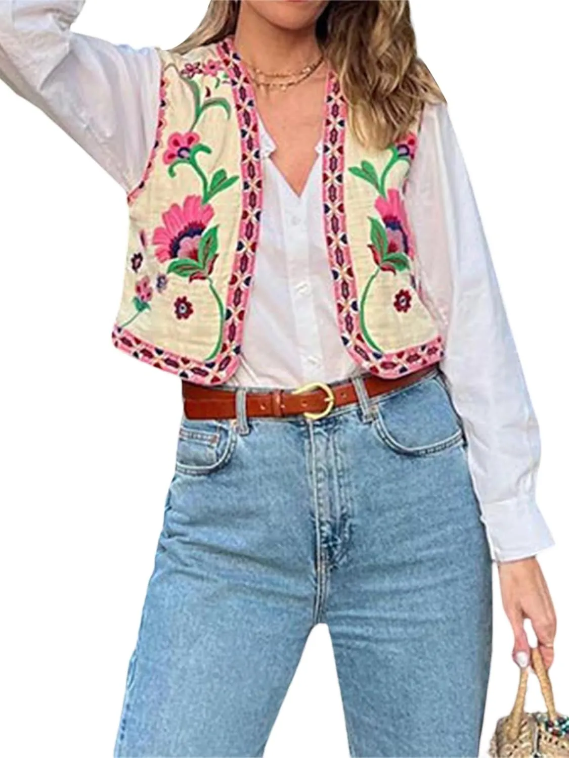 NUFIWI Women Vintage Embroidered Floral Vest Top Y2k Sleeveless Open Front Crop Vest Boho Floral Waistcoat Jacket