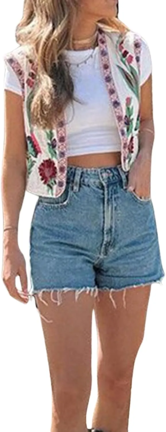 NUFIWI Women Vintage Embroidered Floral Vest Top Y2k Sleeveless Open Front Crop Vest Boho Floral Waistcoat Jacket