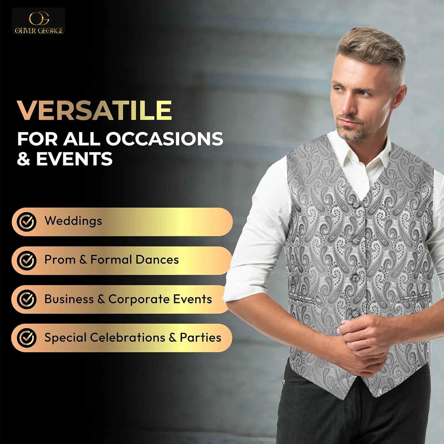 Oliver George Men's Paisley Formal Waistcoat Tuxedo Dress Vest Bow Tie Set for Suit or Tuxedo