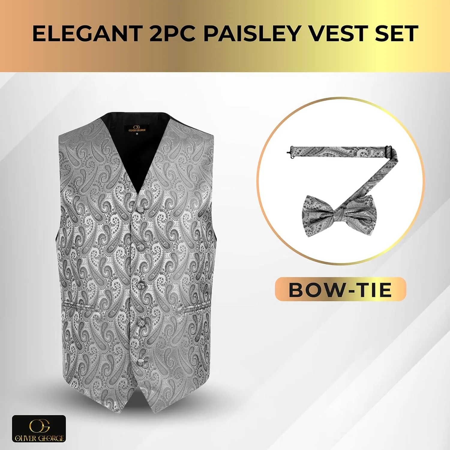 Oliver George Men's Paisley Formal Waistcoat Tuxedo Dress Vest Bow Tie Set for Suit or Tuxedo