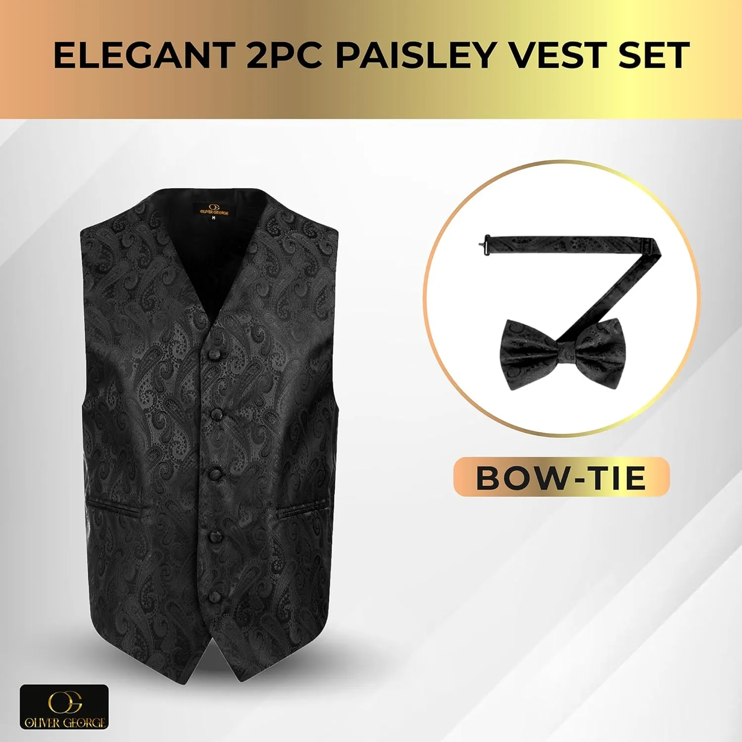 Oliver George Men's Paisley Formal Waistcoat Tuxedo Dress Vest Bow Tie Set for Suit or Tuxedo