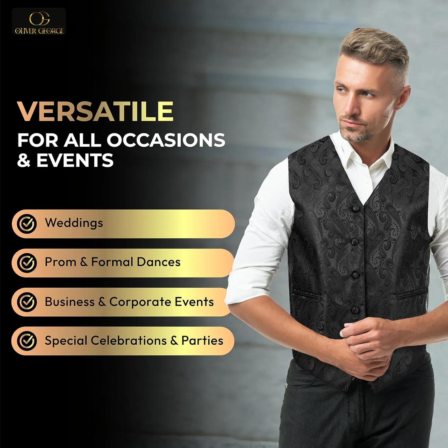 Oliver George Men's Paisley Formal Waistcoat Tuxedo Dress Vest Bow Tie Set for Suit or Tuxedo