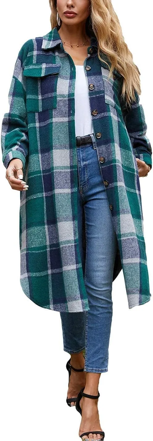 Omoone Women's Flannel Plaid Shacket Fall Oversized Long Button Down Shirt Jacket Shackets
