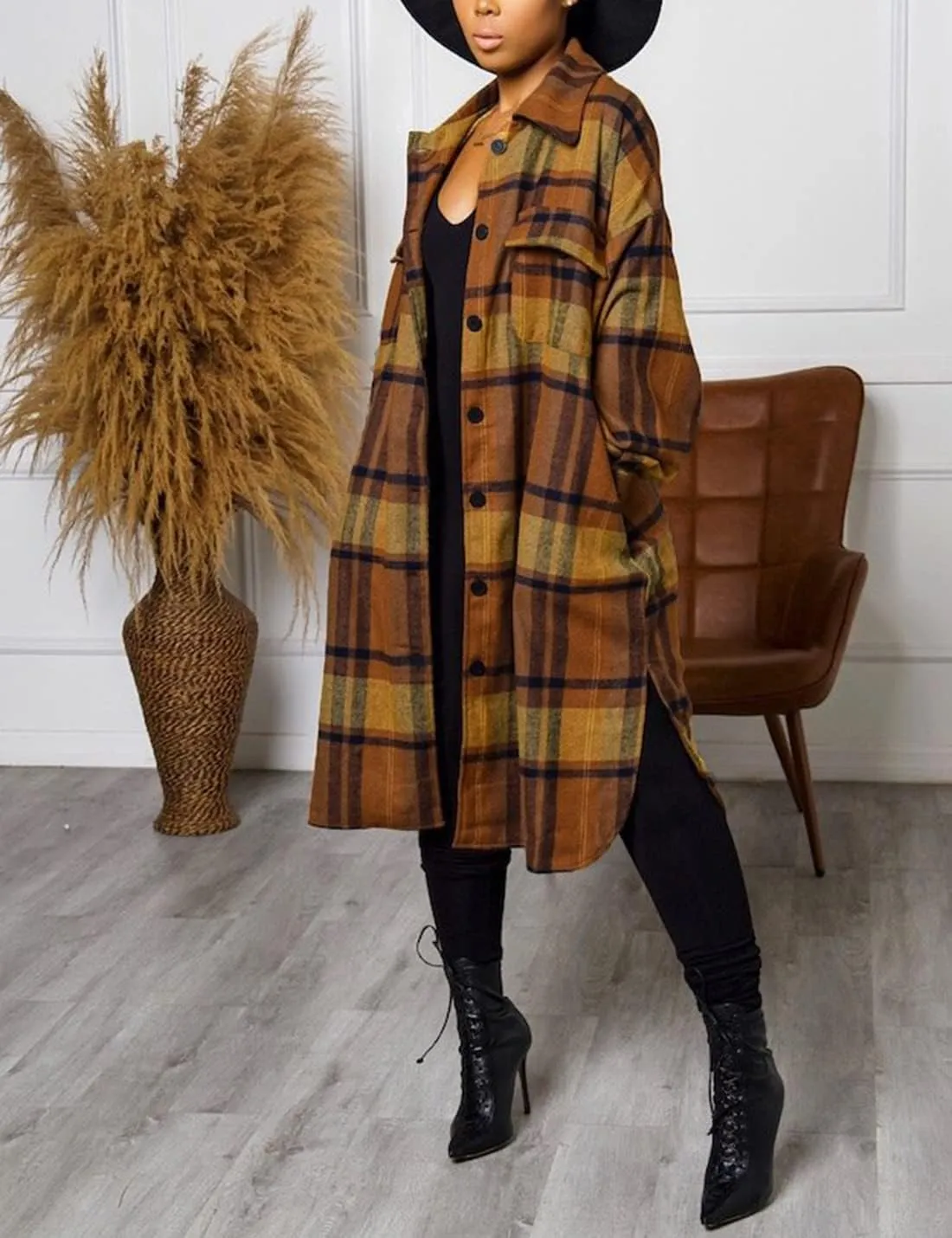 Omoone Women's Flannel Plaid Shacket Fall Oversized Long Button Down Shirt Jacket Shackets
