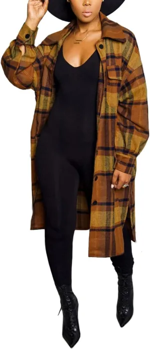 Omoone Women's Flannel Plaid Shacket Fall Oversized Long Button Down Shirt Jacket Shackets