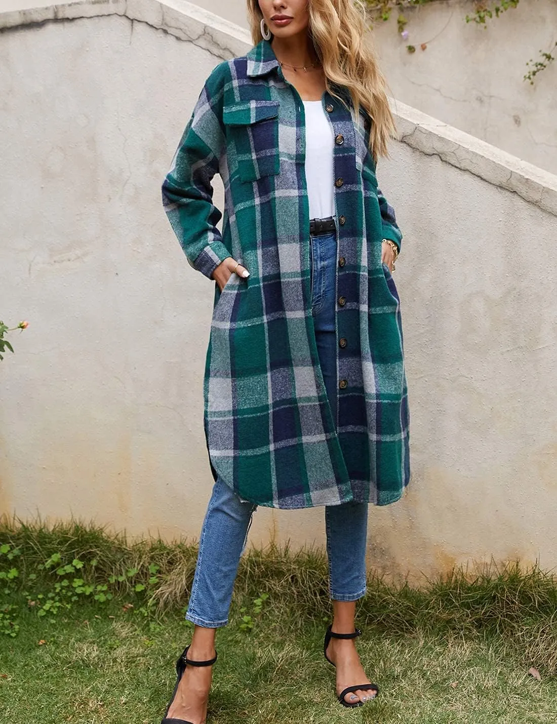 Omoone Women's Flannel Plaid Shacket Fall Oversized Long Button Down Shirt Jacket Shackets