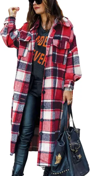 Omoone Women's Flannel Plaid Shacket Fall Oversized Long Button Down Shirt Jacket Shackets