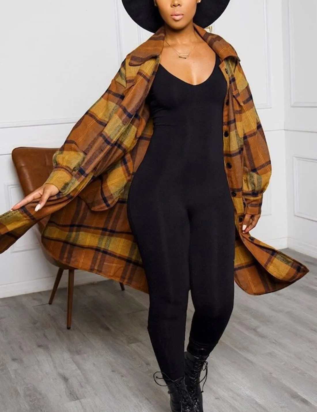 Omoone Women's Flannel Plaid Shacket Fall Oversized Long Button Down Shirt Jacket Shackets