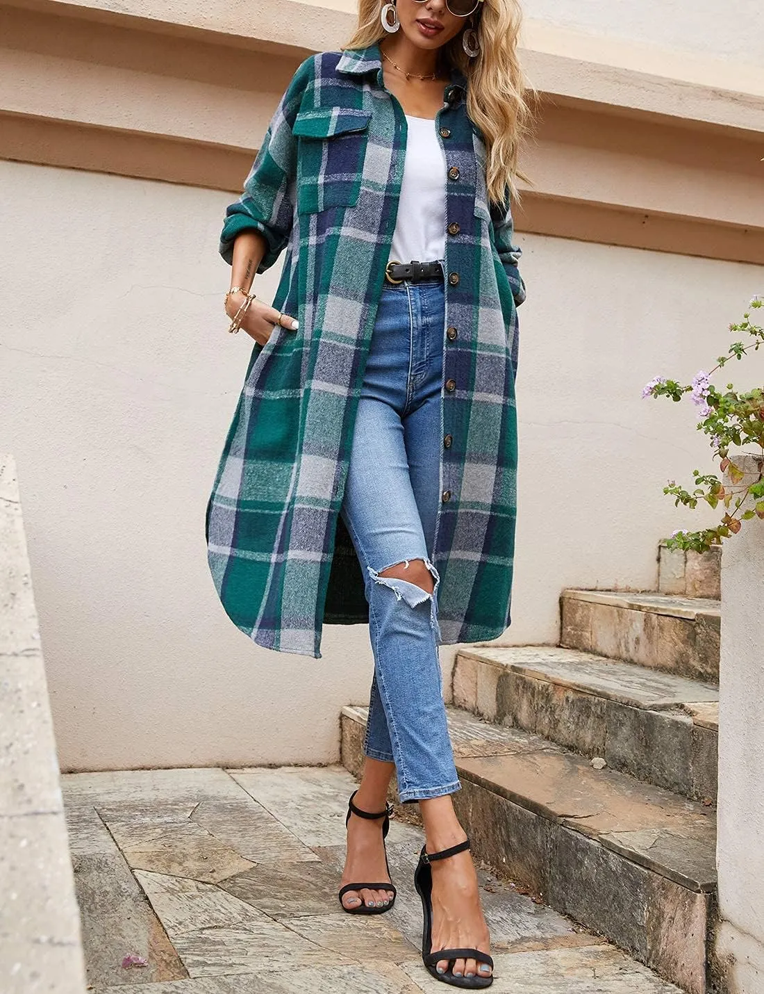 Omoone Women's Flannel Plaid Shacket Fall Oversized Long Button Down Shirt Jacket Shackets