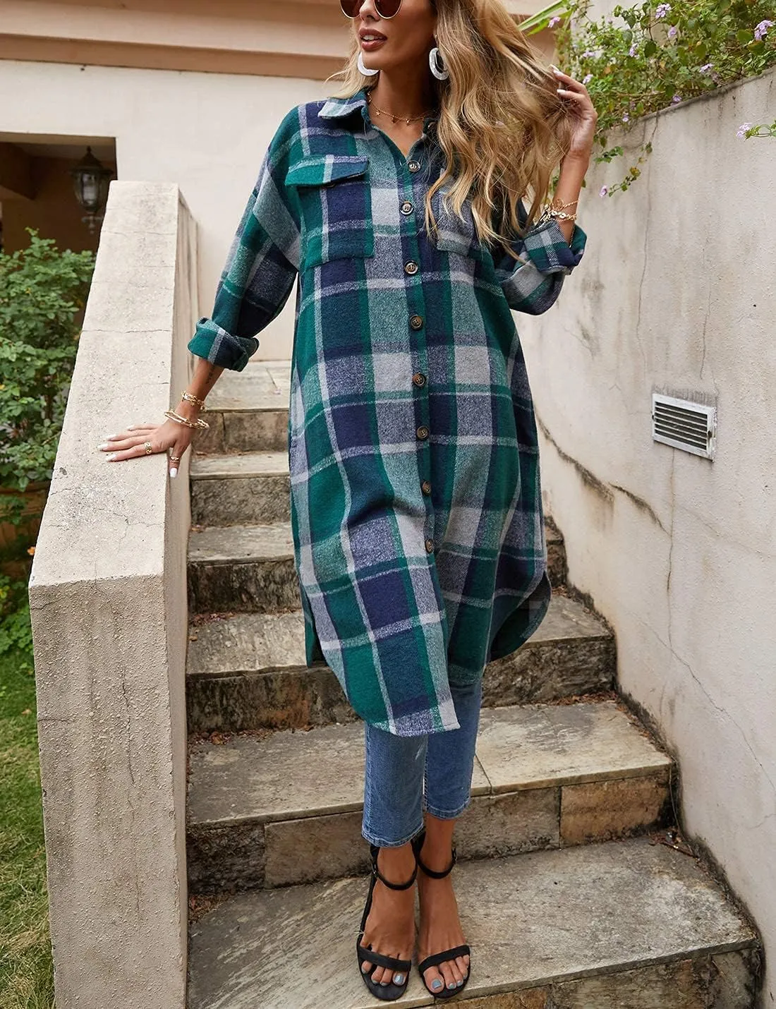 Omoone Women's Flannel Plaid Shacket Fall Oversized Long Button Down Shirt Jacket Shackets