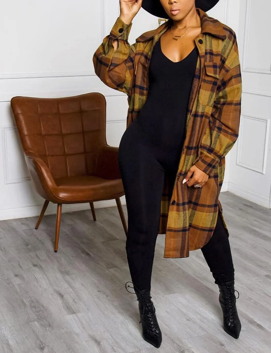 Omoone Women's Flannel Plaid Shacket Fall Oversized Long Button Down Shirt Jacket Shackets