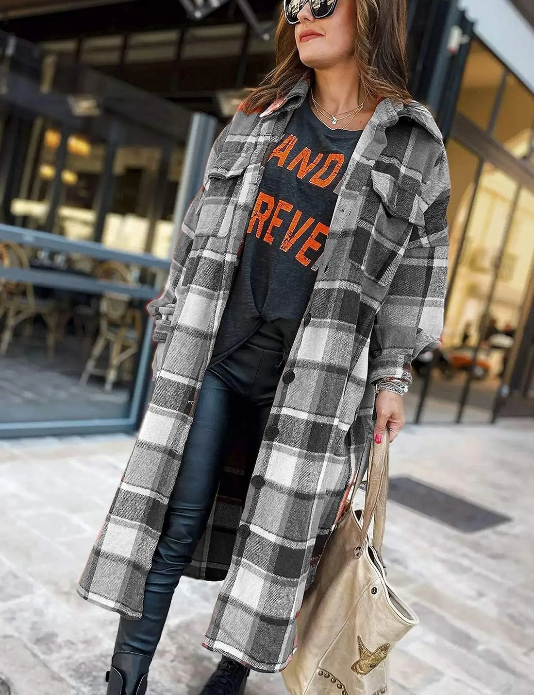 Omoone Women's Flannel Plaid Shacket Fall Oversized Long Button Down Shirt Jacket Shackets
