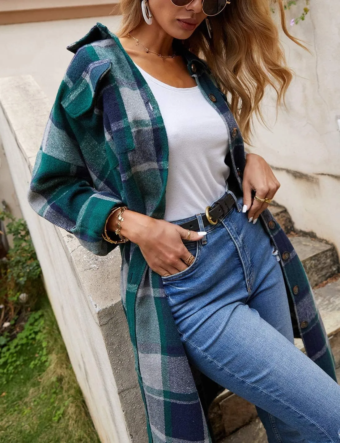 Omoone Women's Flannel Plaid Shacket Fall Oversized Long Button Down Shirt Jacket Shackets