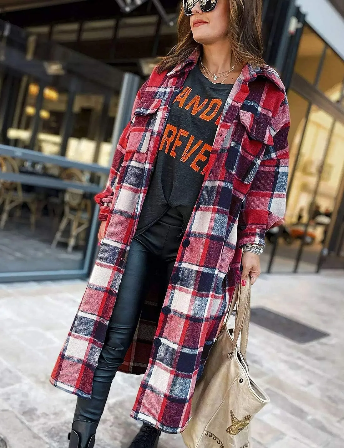 Omoone Women's Flannel Plaid Shacket Fall Oversized Long Button Down Shirt Jacket Shackets