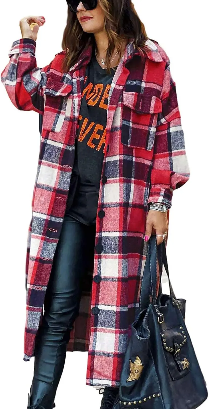 Omoone Women's Flannel Plaid Shacket Fall Oversized Long Button Down Shirt Jacket Shackets
