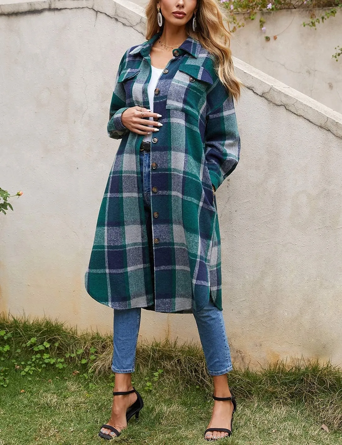 Omoone Women's Flannel Plaid Shacket Fall Oversized Long Button Down Shirt Jacket Shackets