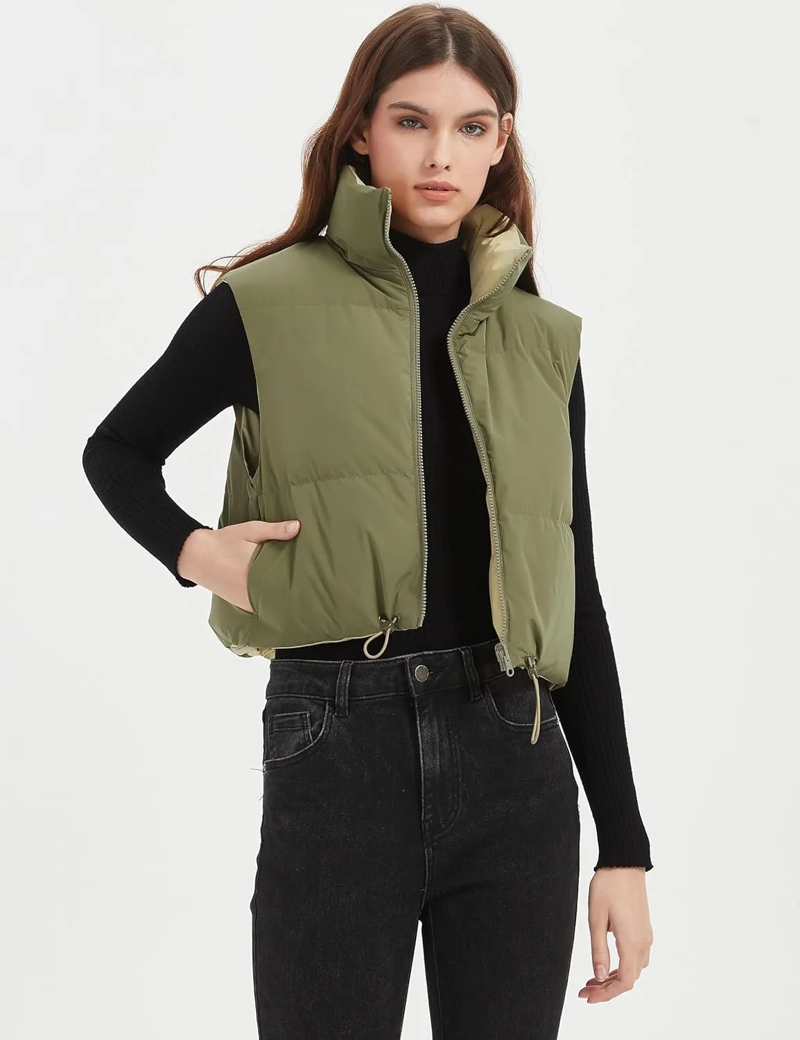 Orolay Women's Cropped Puffer Vest - Lightweight Reversible Zip Up Padded Outerwear Stand Collar Gilet Sleeveless Jacket