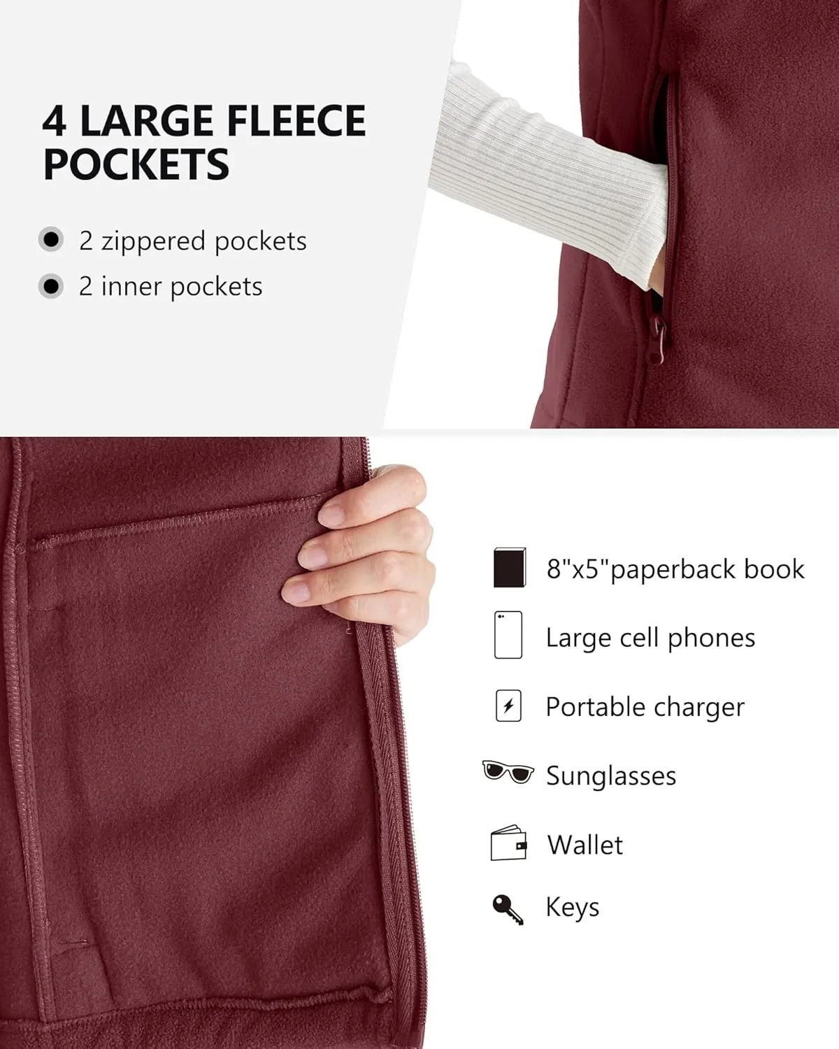 Outdoor Ventures Women's Polar Fleece Zip Vest Outerwear with Pockets,Warm Sleeveless Coat Vest for Fall & Winter