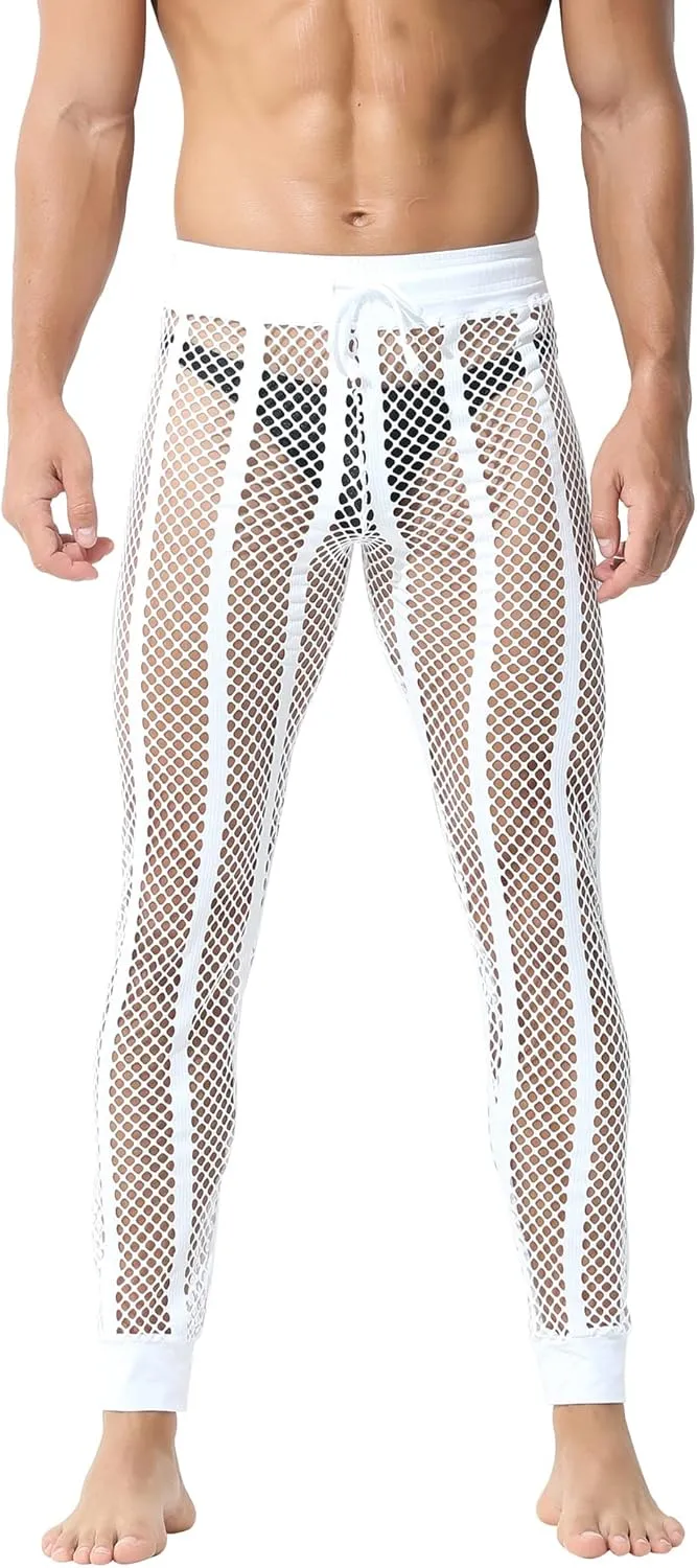 Panegy Men's Fishnet Legging Pants & Shorts Mesh Drawstring Loose Lounge Pants Swim Shorts
