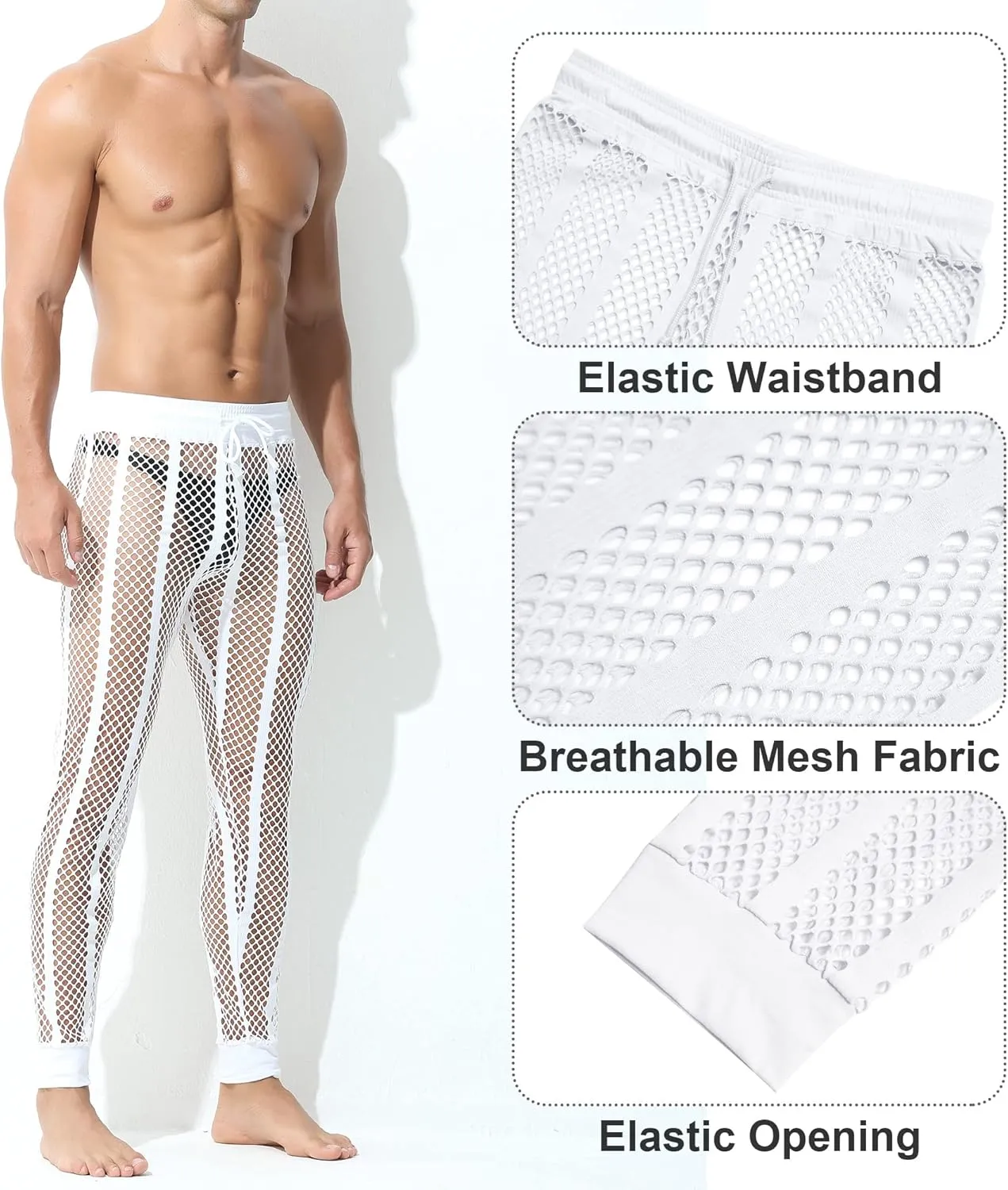 Panegy Men's Fishnet Legging Pants & Shorts Mesh Drawstring Loose Lounge Pants Swim Shorts