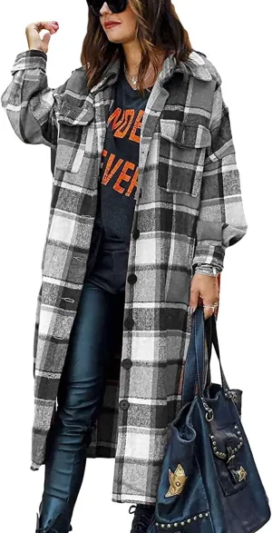 Peaceglad Women's Lounge Lapel Button Up Long Sleeve Plaid Long Shirt Jacket Shacket