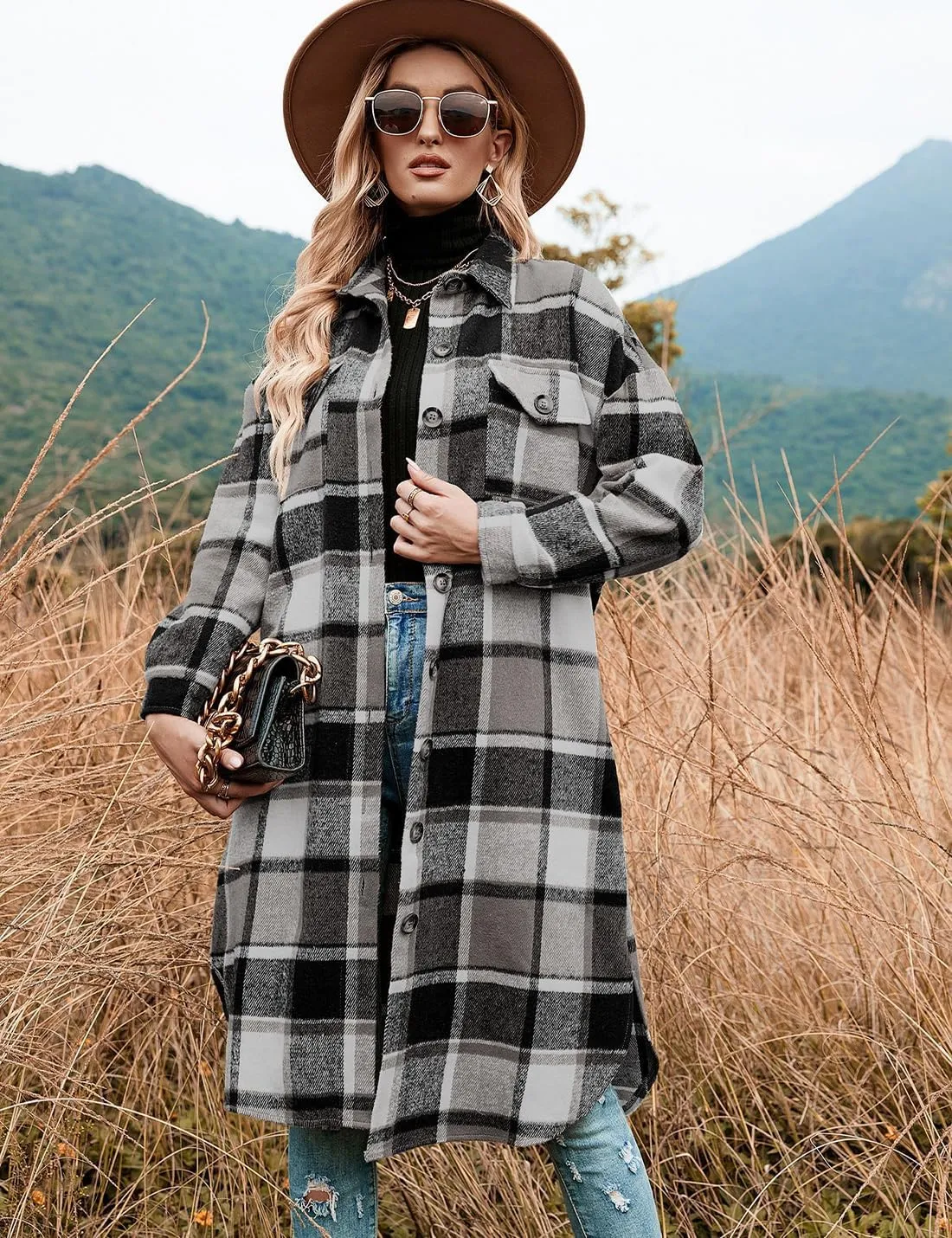 Peaceglad Women's Lounge Lapel Button Up Long Sleeve Plaid Long Shirt Jacket Shacket