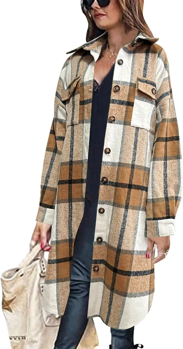 Peaceglad Women's Lounge Lapel Button Up Long Sleeve Plaid Long Shirt Jacket Shacket