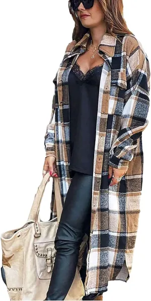 Peaceglad Women's Lounge Lapel Button Up Long Sleeve Plaid Long Shirt Jacket Shacket