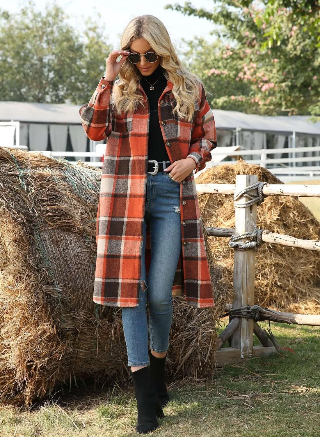 Peaceglad Women's Lounge Lapel Button Up Long Sleeve Plaid Long Shirt Jacket Shacket
