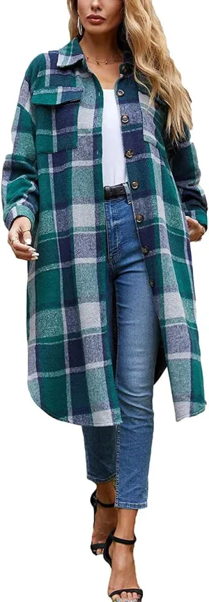 Peaceglad Women's Lounge Lapel Button Up Long Sleeve Plaid Long Shirt Jacket Shacket