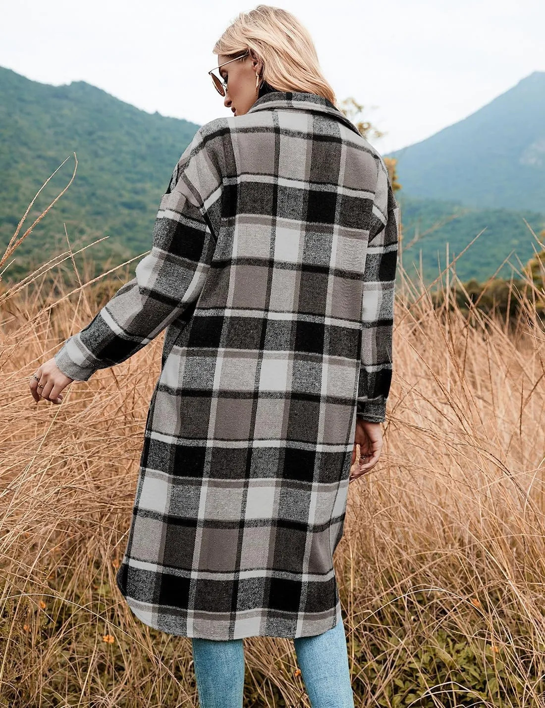 Peaceglad Women's Lounge Lapel Button Up Long Sleeve Plaid Long Shirt Jacket Shacket