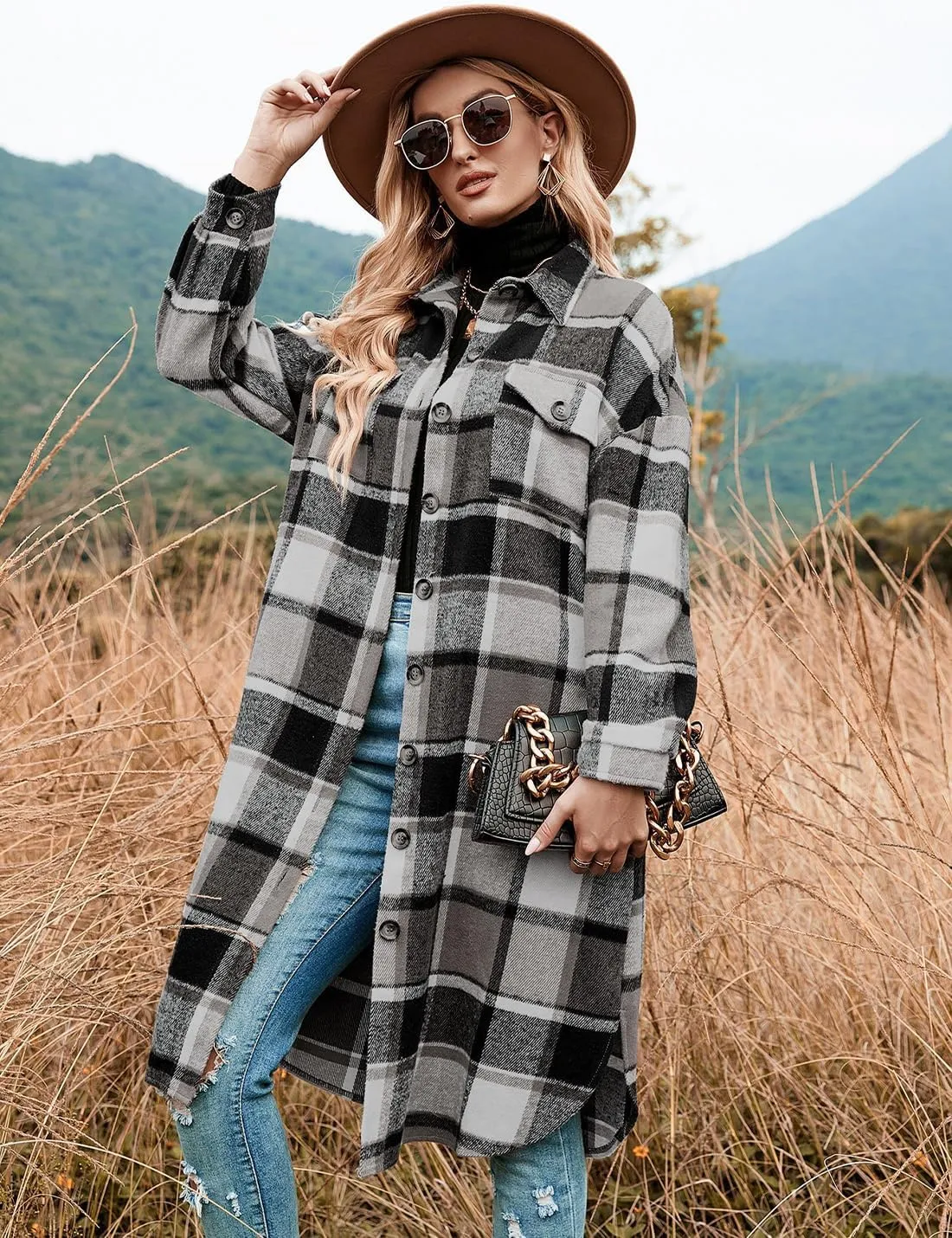 Peaceglad Women's Lounge Lapel Button Up Long Sleeve Plaid Long Shirt Jacket Shacket