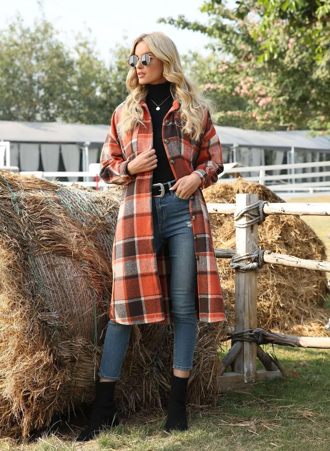 Peaceglad Women's Lounge Lapel Button Up Long Sleeve Plaid Long Shirt Jacket Shacket