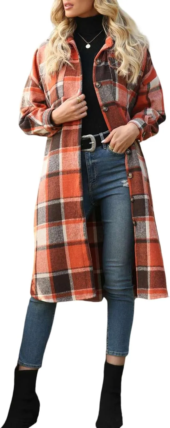 Peaceglad Women's Lounge Lapel Button Up Long Sleeve Plaid Long Shirt Jacket Shacket