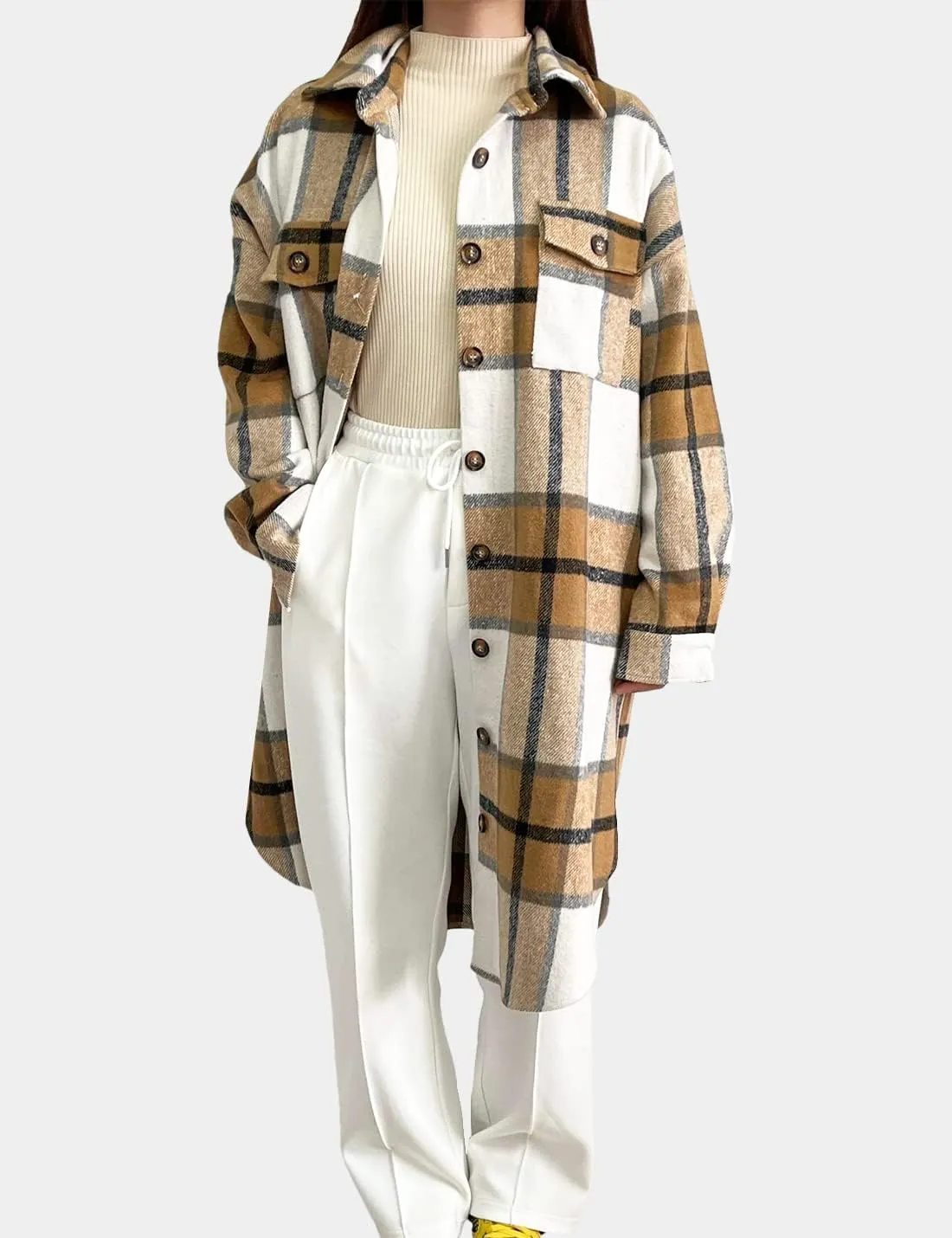 Peaceglad Women's Lounge Lapel Button Up Long Sleeve Plaid Long Shirt Jacket Shacket