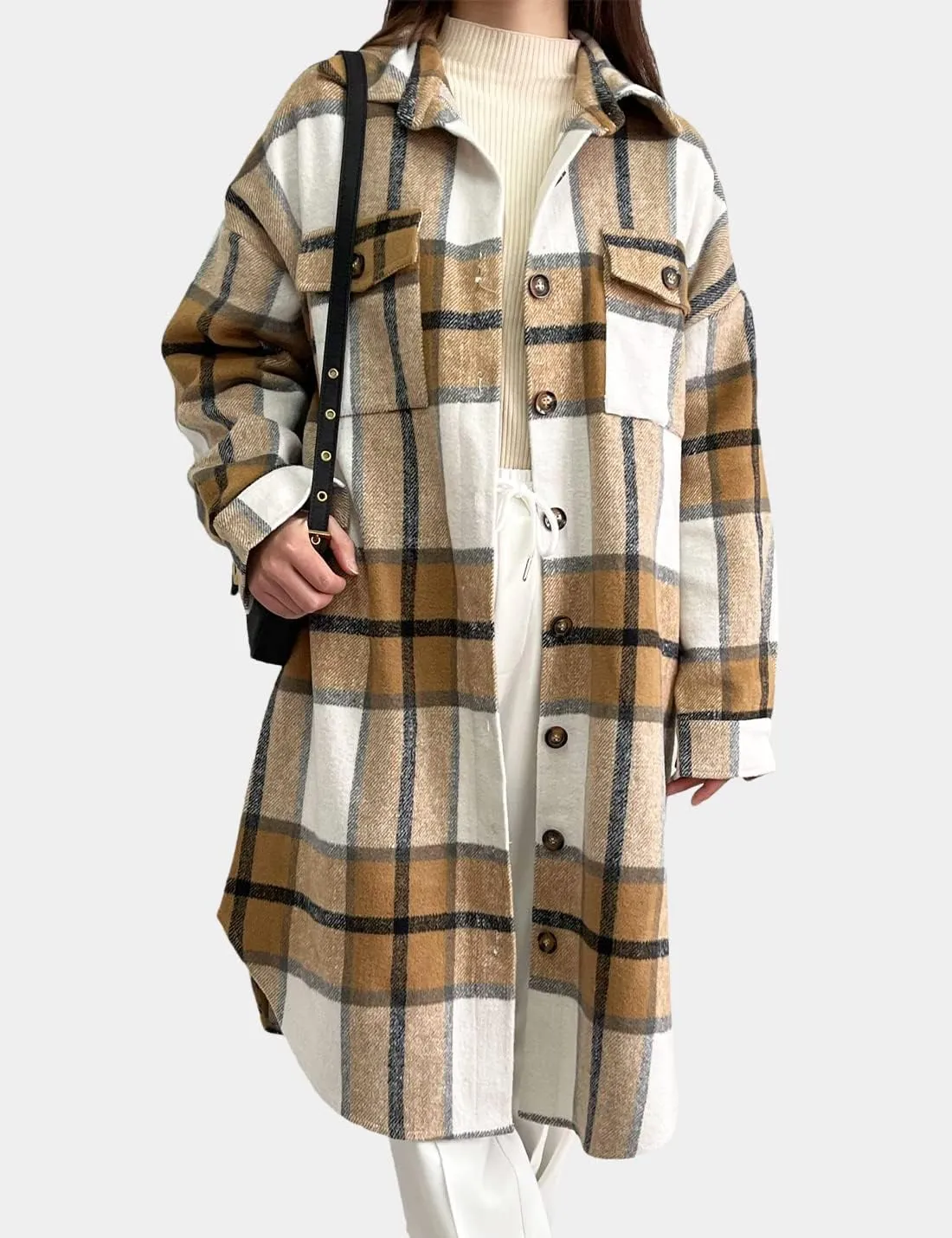 Peaceglad Women's Lounge Lapel Button Up Long Sleeve Plaid Long Shirt Jacket Shacket