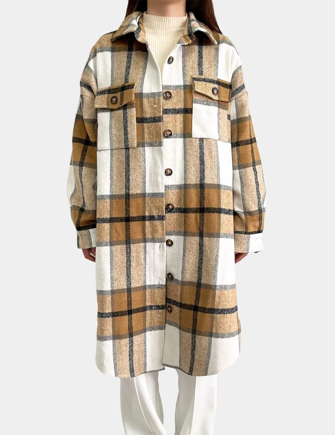 Peaceglad Women's Lounge Lapel Button Up Long Sleeve Plaid Long Shirt Jacket Shacket