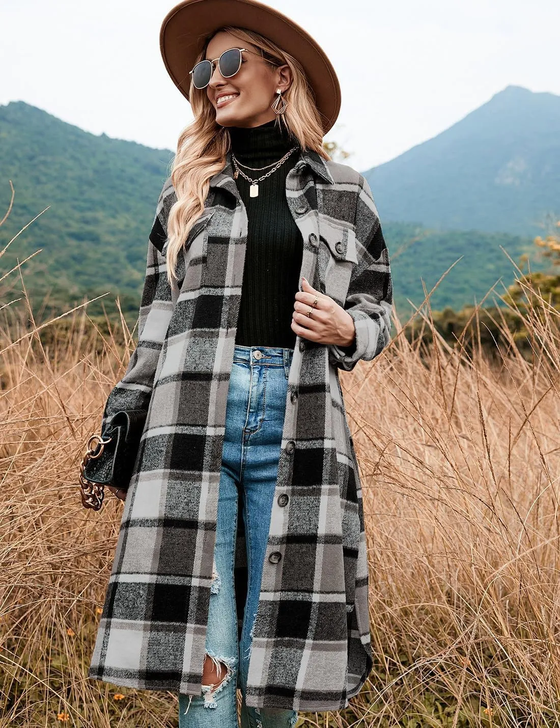 Peaceglad Women's Lounge Lapel Button Up Long Sleeve Plaid Long Shirt Jacket Shacket