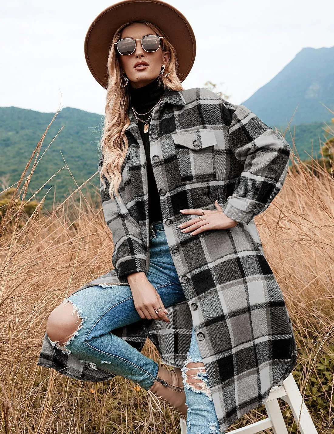 Peaceglad Women's Lounge Lapel Button Up Long Sleeve Plaid Long Shirt Jacket Shacket