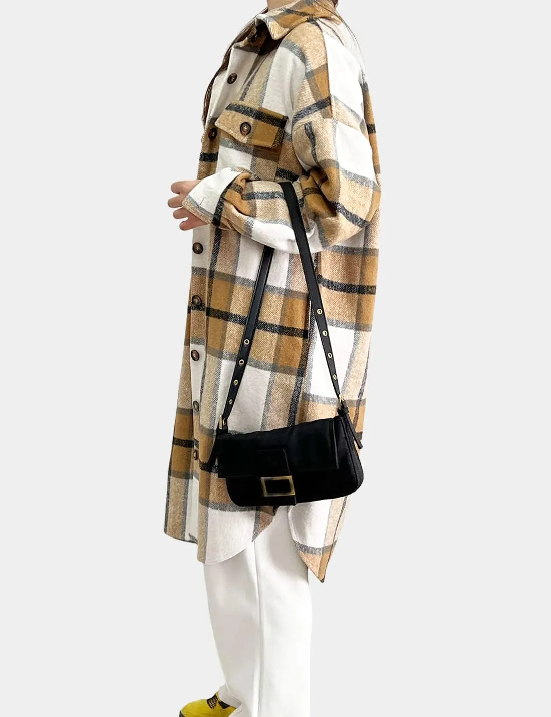 Peaceglad Women's Lounge Lapel Button Up Long Sleeve Plaid Long Shirt Jacket Shacket