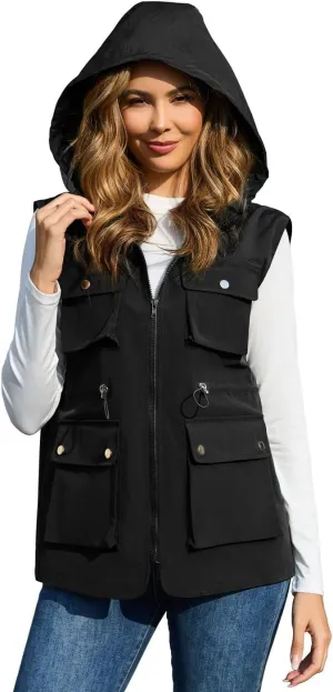 PESION Womens Packable Military Utility Vests Outerwear Waterproof Windbreaker Jacket Cargo Vest with Removable Hood