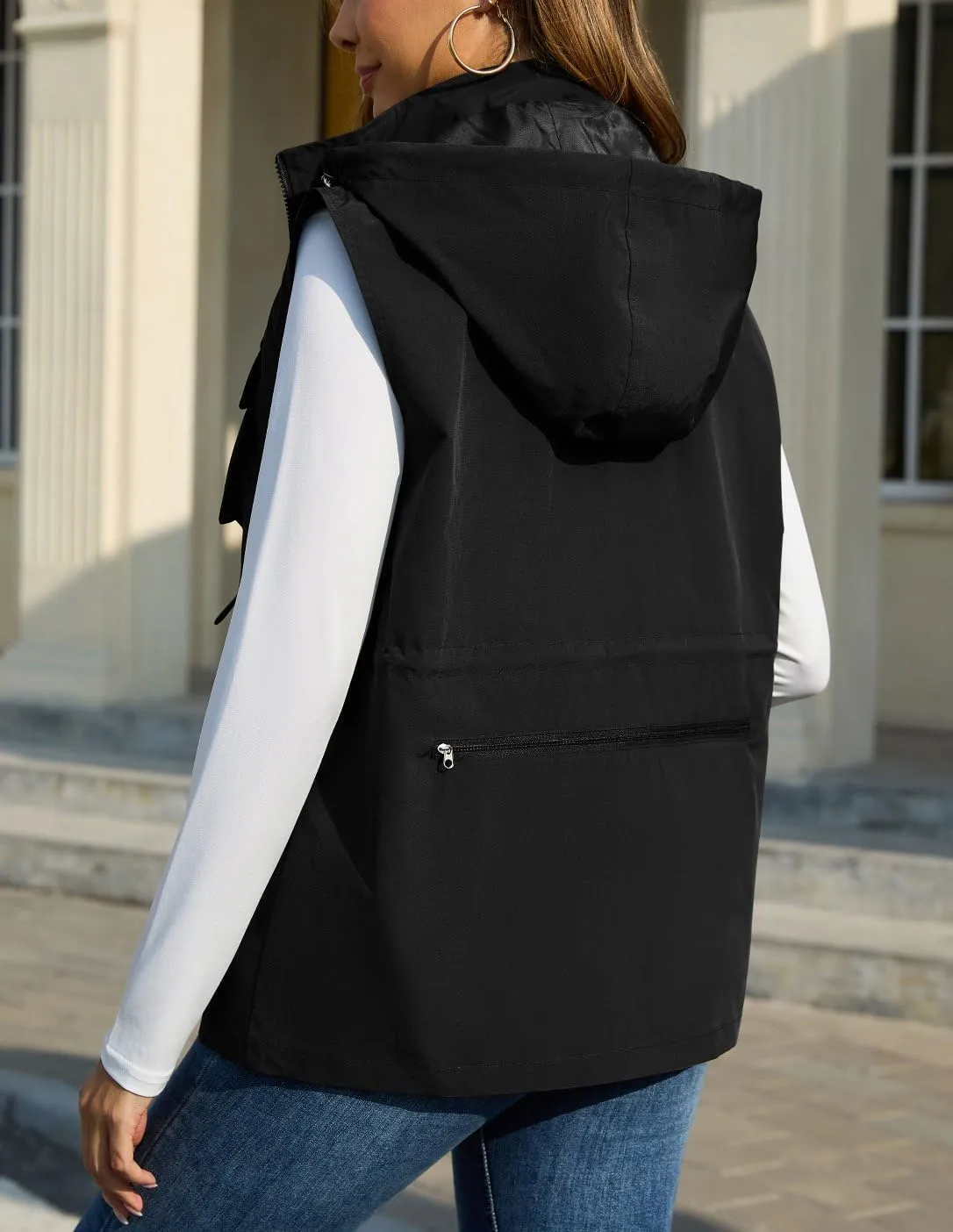 PESION Womens Packable Military Utility Vests Outerwear Waterproof Windbreaker Jacket Cargo Vest with Removable Hood